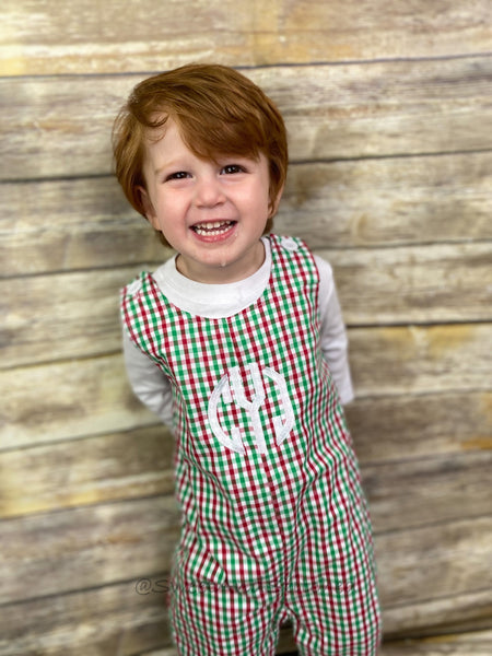 Monogrammed Christmas outfit boys in christmas plaid gingham, Boys Christmas overalls, Christmas longall, boys 1st Christmas outfit