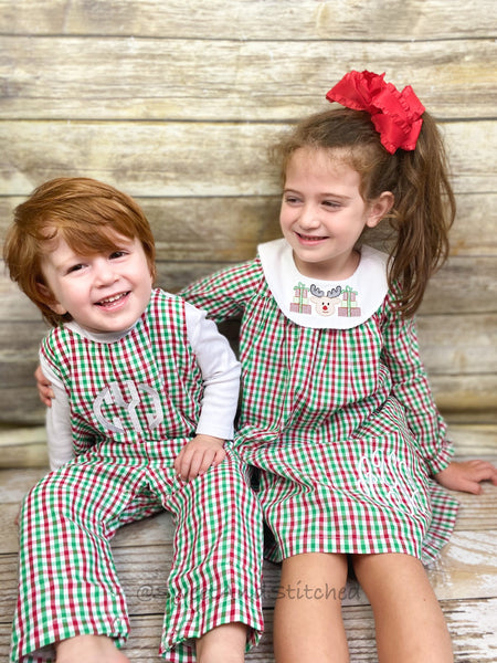 Monogrammed Christmas outfit boys in christmas plaid gingham, Boys Christmas overalls, Christmas longall, boys 1st Christmas outfit