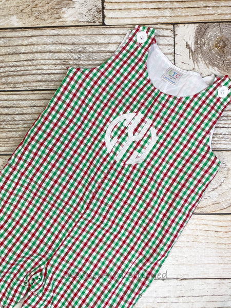 Monogrammed Christmas outfit boys in christmas plaid gingham, Boys Christmas overalls, Christmas longall, boys 1st Christmas outfit