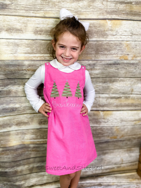 Girls Pink Corduroy Christmas dress - Monogrammed Pink jumper dress dress- Corduroy Christmas jumper dress