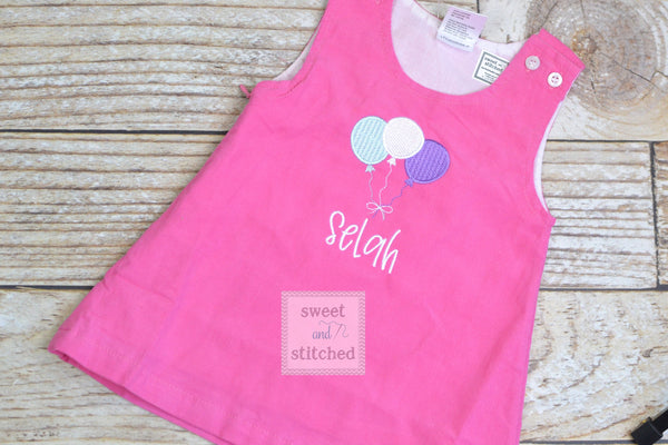 Girls hot Pink Corduroy BIRTHDAY dress - Monogrammed Pink cake smash dress- Corduroy jumper dress for 1st birthday with balloon design