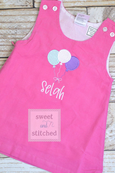 Girls hot Pink Corduroy BIRTHDAY dress - Monogrammed Pink cake smash dress- Corduroy jumper dress for 1st birthday with balloon design