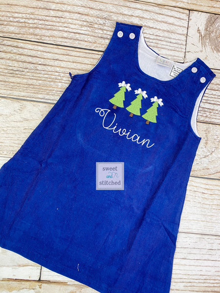 Monogrammed Corduroy Christmas dress in navy with trees design, Girls personalized Christmas dress, coordinating sibling Christmas outfits