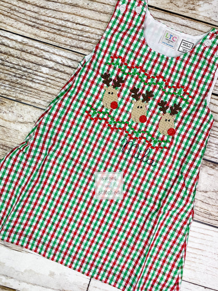 Girls monogrammed red, green and white gingham Christmas dress, jumper style toddler Christmas outfit with Faux smock nameplate design