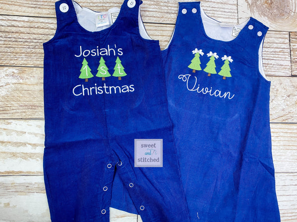 Monogrammed Corduroy Christmas dress in navy with trees design, Girls personalized Christmas dress, coordinating sibling Christmas outfits