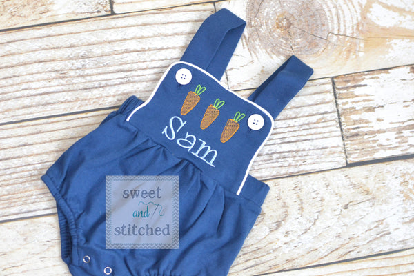 Monogrammed boys easter romper in navy blue, Boys easter outfit with carrots, baby boy bubble romper, baby boy easter carrot romper