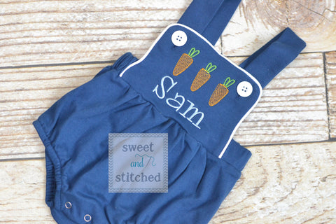 Monogrammed boys easter romper in navy blue, Boys easter outfit with carrots, baby boy bubble romper, baby boy easter carrot romper