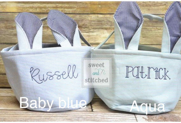 Monogrammed Easter baskets in pink, purple, and blue seersucker, seersucker easter baskets personalized, seersucker tote bags monogrammed