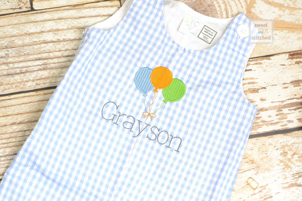 Monogrammed baby boy Birthday longall, personalized boys birthday overalls, boys cake smash outfit, balloon birthday outfit
