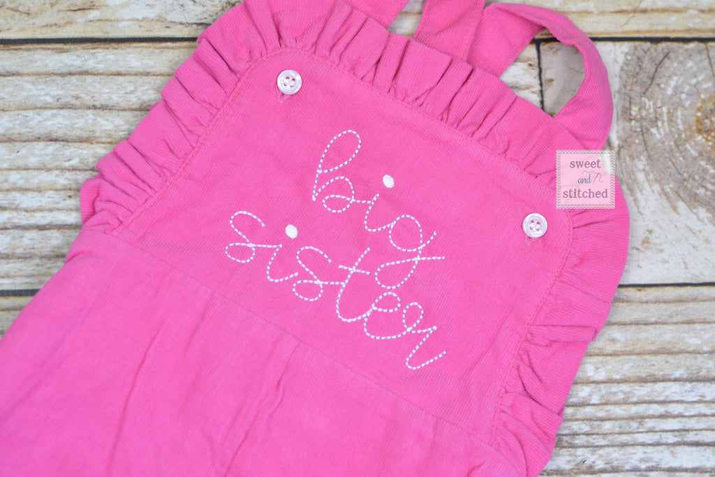 Baby girl Big Sister Corduroy outfit, Pink monogrammed overalls with Big Sister, big sister hospital outfit, big sister overalls