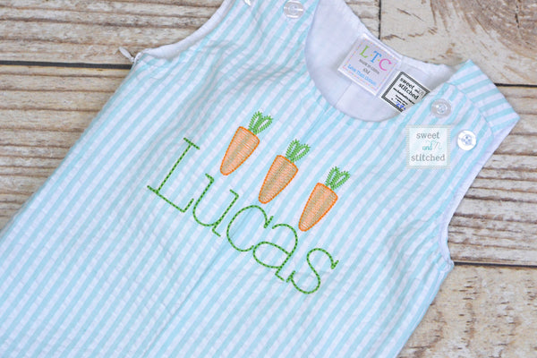Monogrammed Boys Easter Romper in seersucker with carrots, Baby boy EasterOutfit, Personalized easter outfit, monogrammed easter outfit