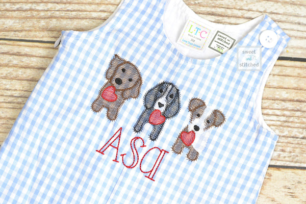 Monogrammed boys Valentine's overalls with dogs and hearts design in light blue gingham, boys valentine's longall