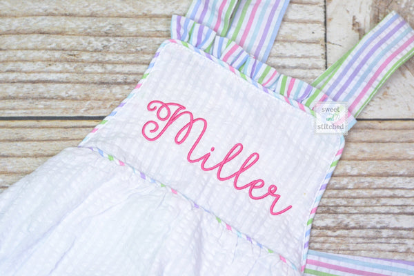 Monogrammed baby girl seersucker rainbow romper, girls cross backed bubble, girls summer romper, 1st birthday cake smash outfit