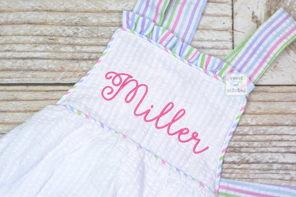 Monogrammed baby girl seersucker rainbow romper, girls cross backed bubble, girls summer romper, 1st birthday cake smash outfit