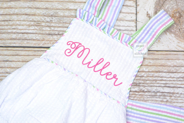 Monogrammed baby girl seersucker rainbow romper, girls cross backed bubble, girls summer romper, 1st birthday cake smash outfit