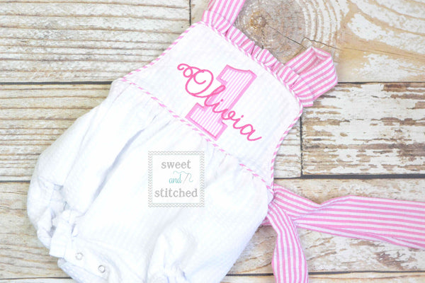 Monogrammed baby girl seersucker romper cake smash outfit, girls 1st birthday outfit cross backed bubble