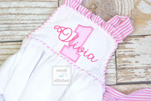 Monogrammed baby girl seersucker romper cake smash outfit, girls 1st birthday outfit cross backed bubble