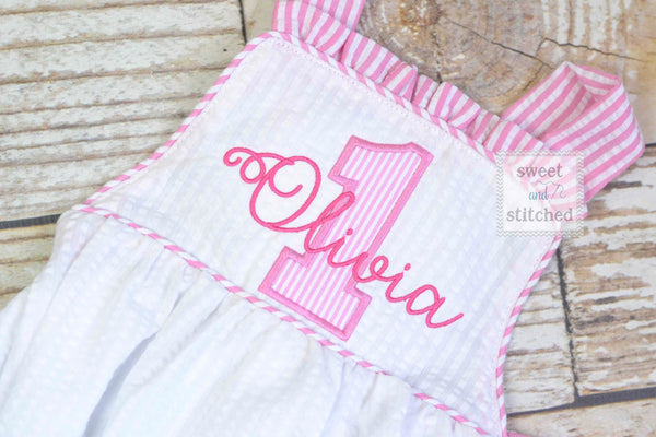 Monogrammed baby girl seersucker romper cake smash outfit, girls 1st birthday outfit cross backed bubble