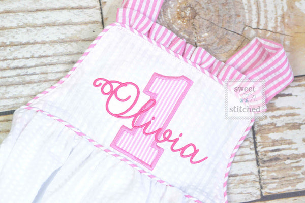Monogrammed baby girl seersucker romper cake smash outfit, girls 1st birthday outfit cross backed bubble