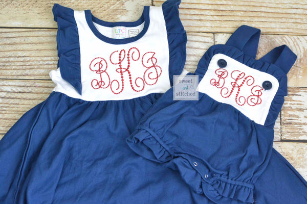 Monogrammed baby girl ruffle bubble in color block navy and white with red monogram, 4th of july sibling outfits, 4th of july dress