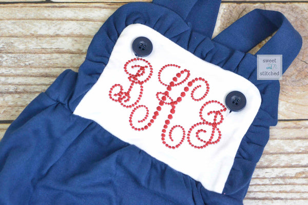 Monogrammed baby girl ruffle bubble in color block navy and white with red monogram, 4th of july sibling outfits, 4th of july dress