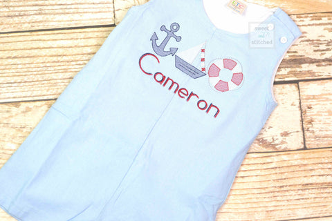 Monogrammed baby boy jon jon, nautical themed baby boy outfit with name, beach outfit, monogrammed jon jon, 4th of july sailboat outfit