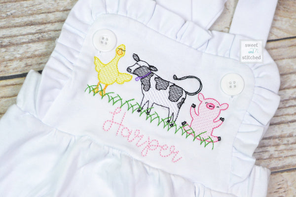 Monogrammed baby girl cake smash outfit with farm animals and name, girls farm bubble outfit, 1st birthday farm themed cake smash outfit