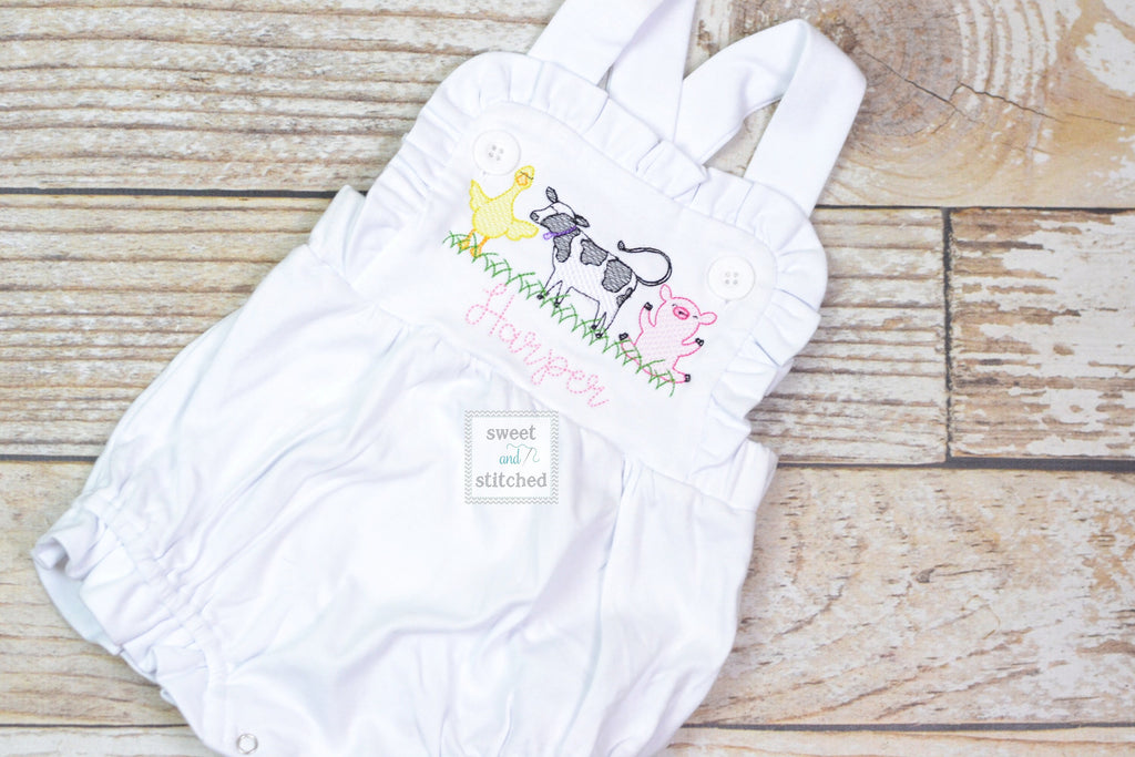 Monogrammed baby girl cake smash outfit with farm animals and name girls farm bubble outfit 1st birthday farm themed cake smash outfit
