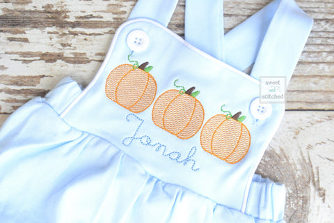 Monogrammed boys pumpkin romper in baby blue, Boys halloween fall outfit with pumpkins, baby boy bubble romper, baby boy thanksgiving outfit