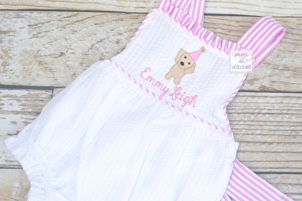 Monogrammed baby girl ruffle bubble with puppy, puppy dog themed birthday outfit, 1st birthday cake smash outfit, puppy cake smash