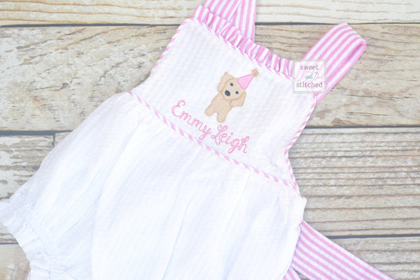 Monogrammed baby girl ruffle bubble with puppy, puppy dog themed birthday outfit, 1st birthday cake smash outfit, puppy cake smash