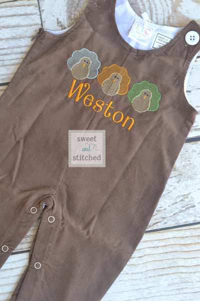 Baby Boy thanksgiving outfit with turkeys and name in vintage style, boys corduroy overalls personalized, Monogrammed thanksgiving longall