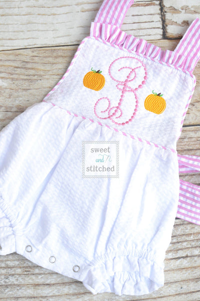 Monogrammed baby girl ruffle bubble with pumpkin monogram, fall pumpkin bubble outfit, thanksgiving outfit, pumpkin patch outfit