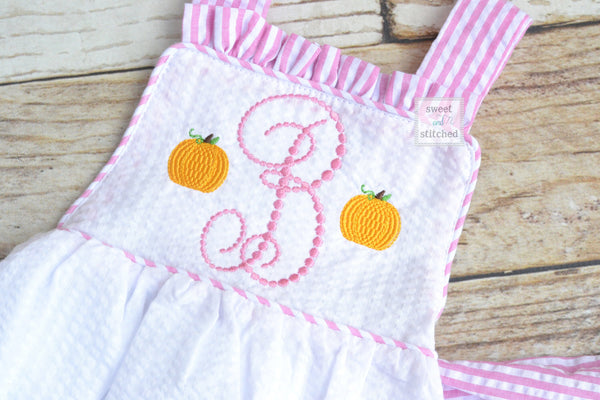 Monogrammed baby girl ruffle bubble with pumpkin monogram, fall pumpkin bubble outfit, thanksgiving outfit, pumpkin patch outfit