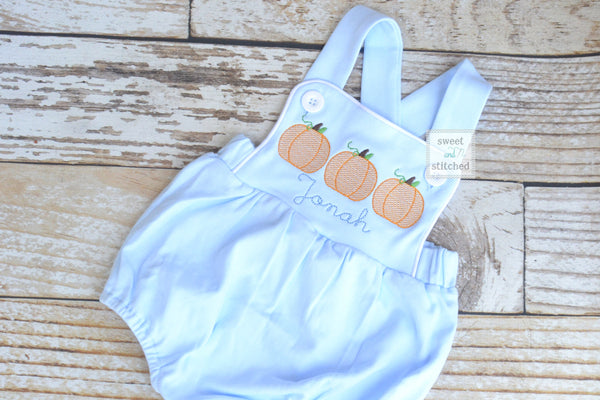 Monogrammed boys pumpkin romper in baby blue, Boys halloween fall outfit with pumpkins, baby boy bubble romper, baby boy thanksgiving outfit