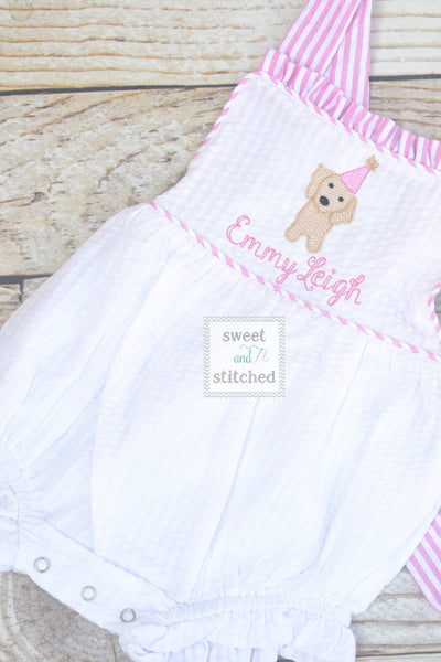 Monogrammed baby girl ruffle bubble with puppy, puppy dog themed birthday outfit, 1st birthday cake smash outfit, puppy cake smash