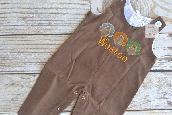 Baby Boy thanksgiving outfit with turkeys and name in vintage style, boys corduroy overalls personalized, Monogrammed thanksgiving longall