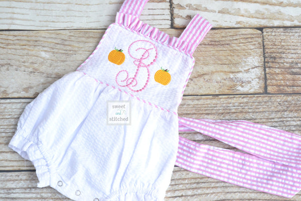 Monogrammed baby girl ruffle bubble with pumpkin monogram, fall pumpkin bubble outfit, thanksgiving outfit, pumpkin patch outfit