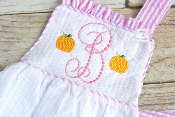 Monogrammed baby girl ruffle bubble with pumpkin monogram, fall pumpkin bubble outfit, thanksgiving outfit, pumpkin patch outfit