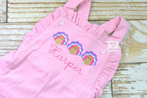 Baby girl monogrammed fall turkey overalls, monogrammed corduroy overalls, Pink Cord thanksgiving outfit, thanksgiving outfit
