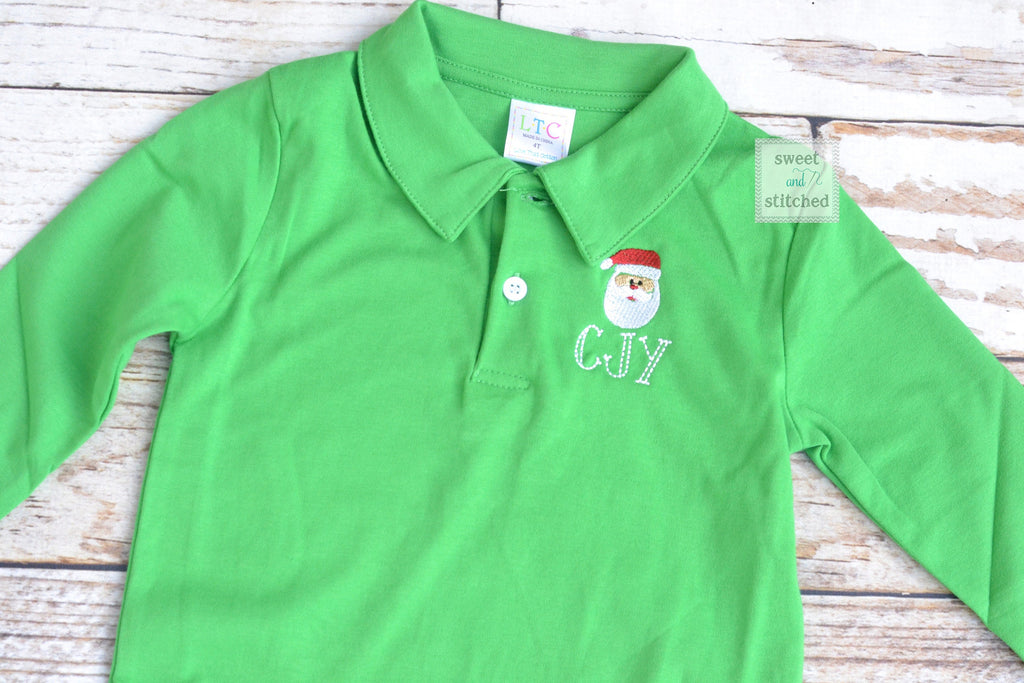 Boys Monogrammed santa shirt, monogrammed Christmas dress shirt, Chris Sweet and Stitched Boys Monogrammed santa shirt, monogrammed Christmas dress shirt, Chris Sweet and Stitched