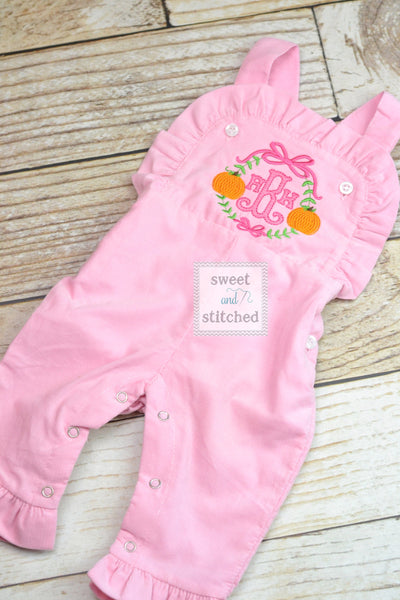 Baby girl monogrammed fall pumpkin overalls with sweet pumpkin monogram frame, monogrammed corduroy overalls, Pink Cord thanksgiving outfit