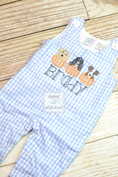Personalized Boys Pumpkin outfit with pumpkin dogs design and name - Baby Boy fall, halloween, thanksgiving Outfit, thanksgiving overalls