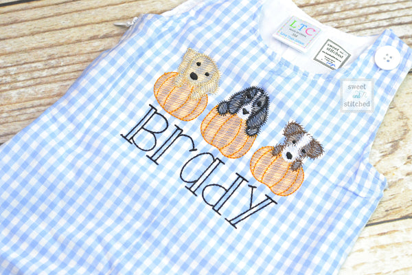 Personalized Boys Pumpkin outfit with pumpkin dogs design and name - Baby Boy fall, halloween, thanksgiving Outfit, thanksgiving overalls