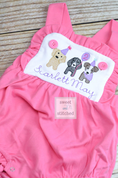 Monogrammed baby girl cake smash outfit with puppy dogs and name on color block pink and white, 1st birthday puppy themed cake smash outfit