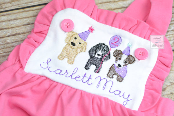 Monogrammed baby girl cake smash outfit with puppy dogs and name on color block pink and white, 1st birthday puppy themed cake smash outfit