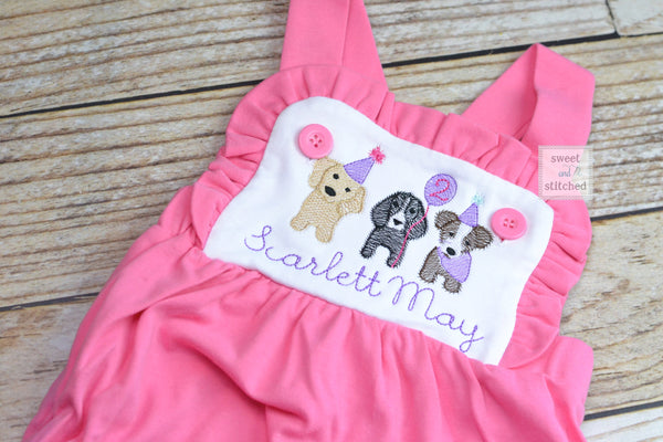 Monogrammed baby girl cake smash outfit with puppy dogs and name on color block pink and white, 1st birthday puppy themed cake smash outfit