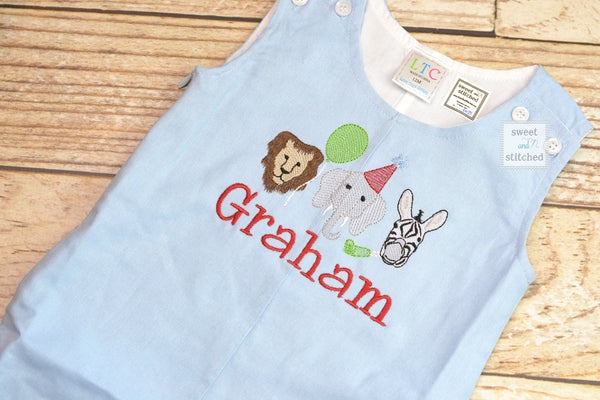 Monogrammed baby boy jon jon with zoo animals, safari themed baby boy birthday outfit with name, zoo cake smash outfit, monogrammed jon jon