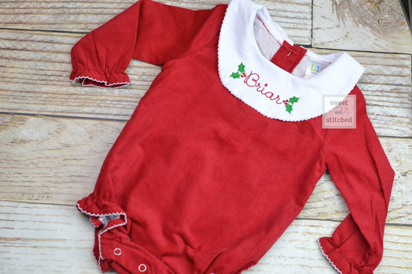 Baby girl monogrammed Christmas bishop bubble in red corduroy, Ruffle Christmas bubble, girls Christmas outfit