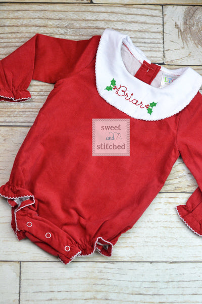 Baby girl monogrammed Christmas bishop bubble in red corduroy, Ruffle Christmas bubble, girls Christmas outfit